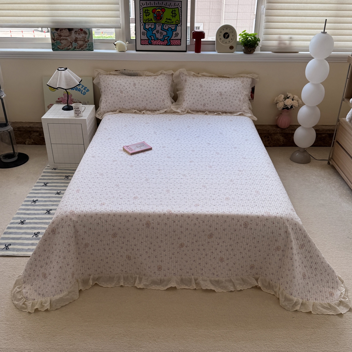 91家纺网 家纺一手货源 找家纺 一加一 2025新款全棉纯棉双层纱田园风单床盖床盖单件单品床盖 兰絮-粉