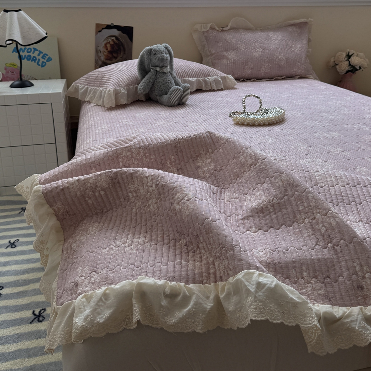 91家纺网 家纺一手货源 找家纺 一加一 2025新款全棉纯棉双层纱田园风单床盖床盖单件单品床盖 花蔓花影-粉