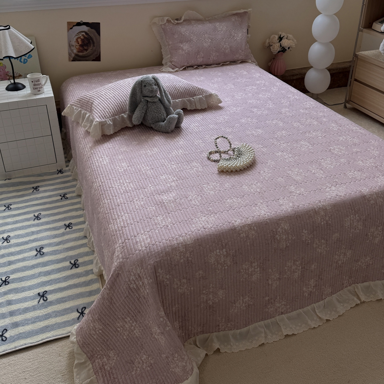 91家纺网 家纺一手货源 找家纺 一加一 2025新款全棉纯棉双层纱田园风单床盖床盖单件单品床盖 花蔓花影-粉