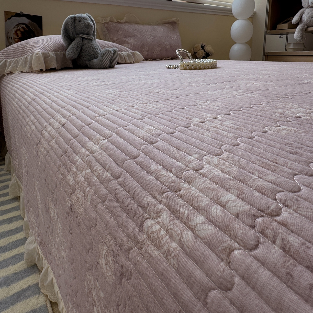 91家纺网 家纺一手货源 找家纺 一加一 2025新款全棉纯棉双层纱田园风单床盖床盖单件单品床盖 花蔓花影-粉