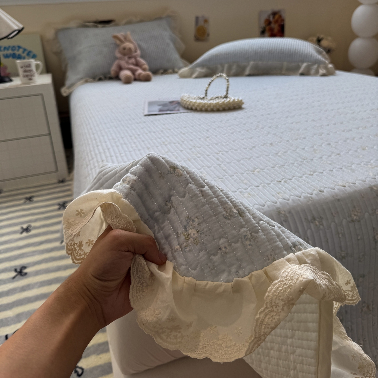 91家纺网 家纺一手货源 找家纺 一加一 2025新款全棉纯棉双层纱田园风单床盖床盖单件单品床盖 玲兰铛-兰