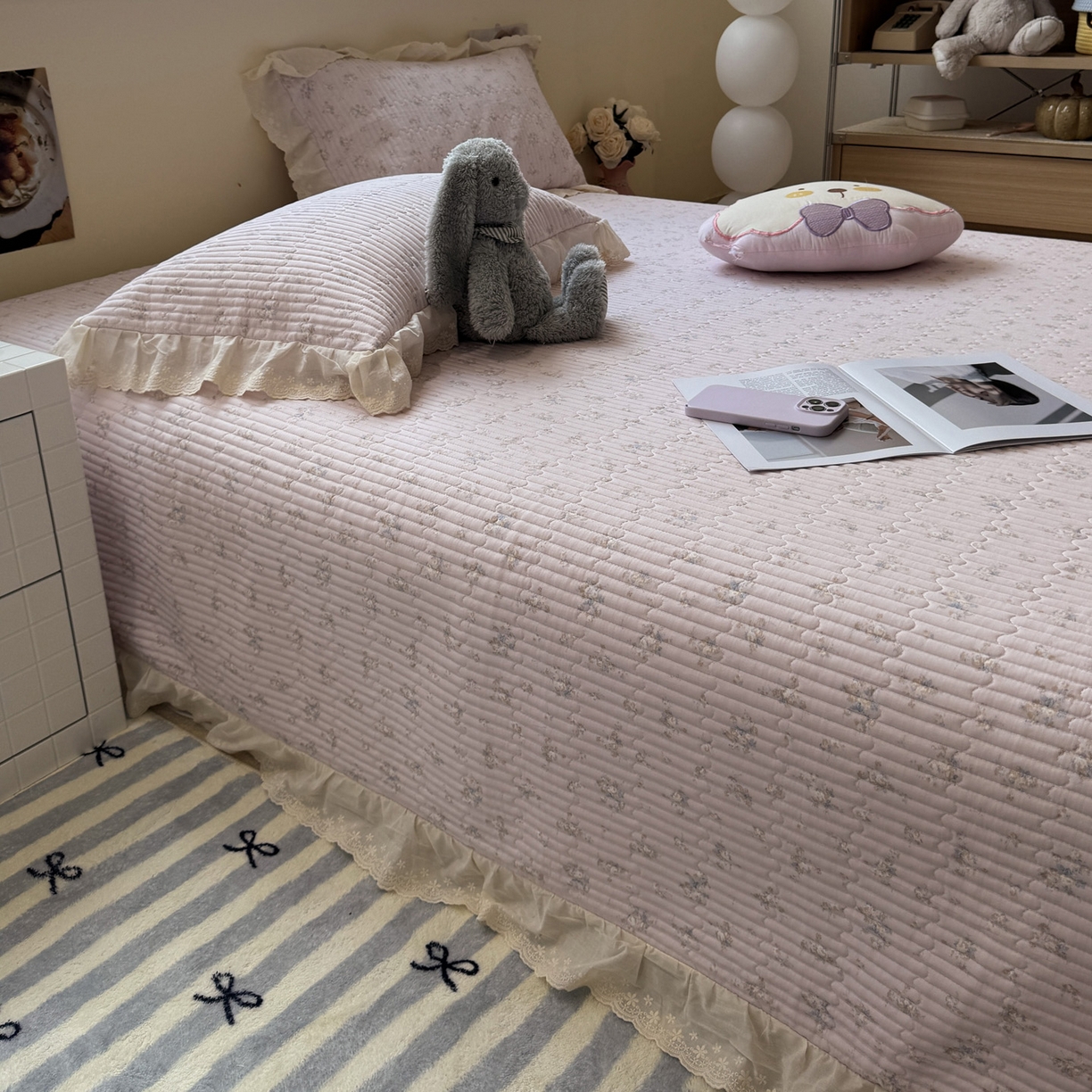 91家纺网 家纺一手货源 找家纺 一加一 2025新款全棉纯棉双层纱田园风单床盖床盖单件单品床盖 玲兰铛-粉