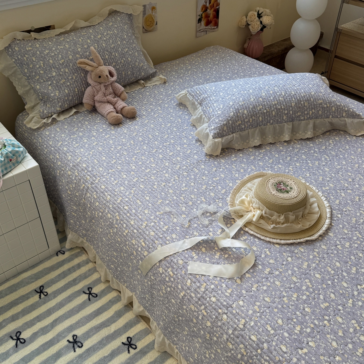 91家纺网 家纺一手货源 找家纺 一加一 2025新款全棉纯棉双层纱田园风单床盖床盖单件单品床盖 梦醒花间-灰