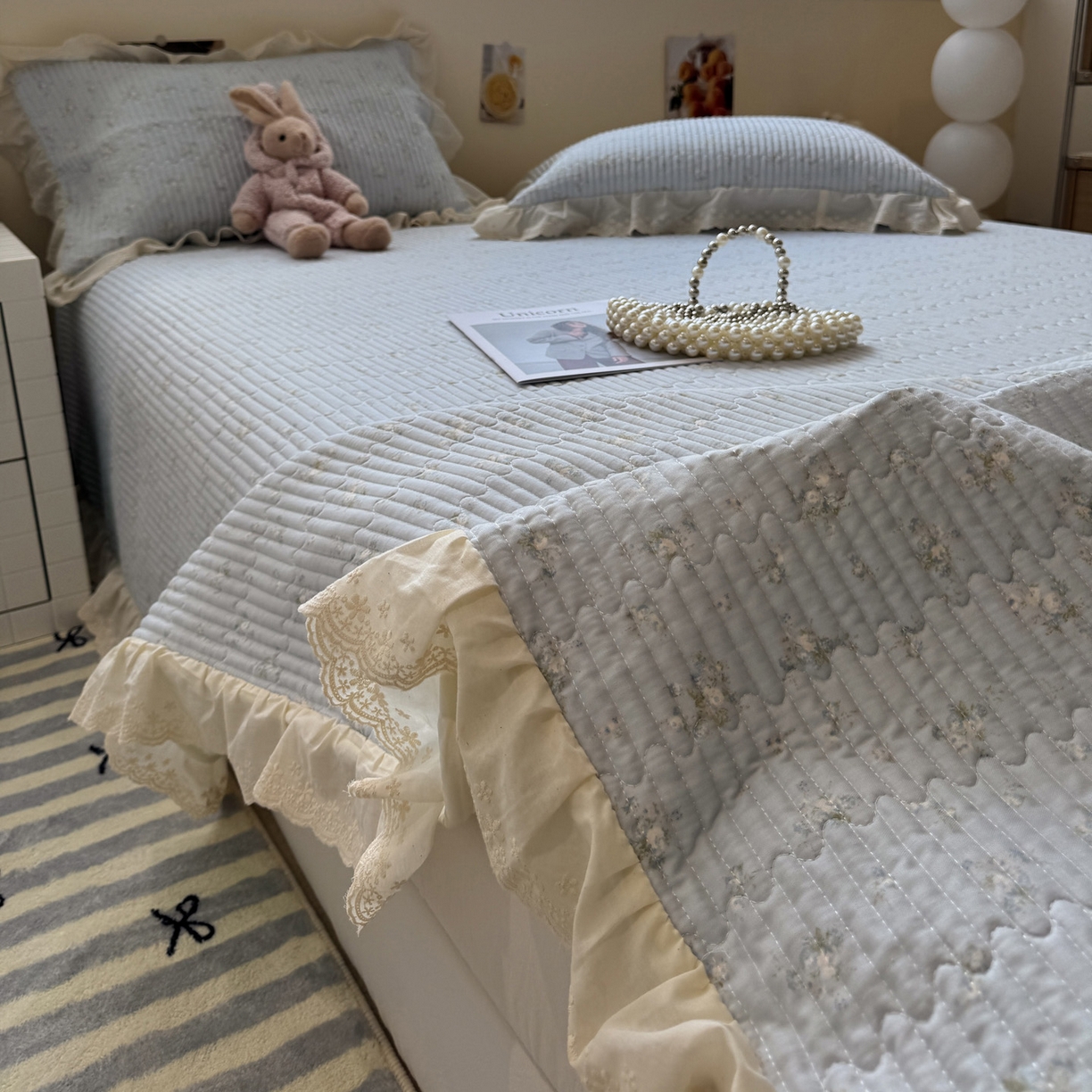 91家纺网 家纺一手货源 找家纺 一加一 2025新款全棉纯棉双层纱田园风单床盖床盖单件单品床盖 玲兰铛-兰