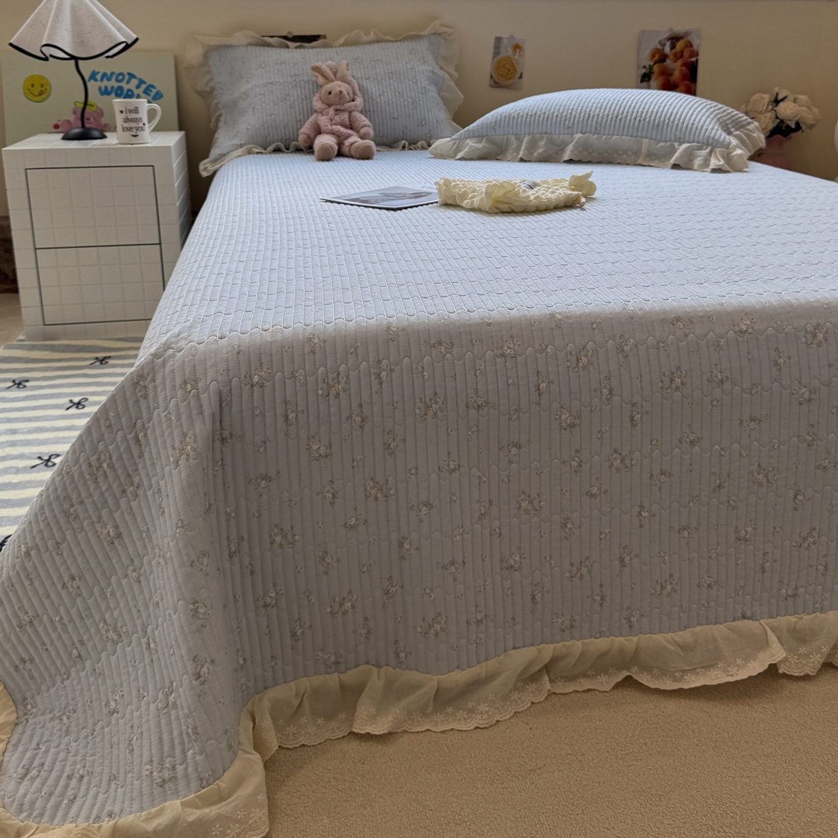 91家纺网 家纺一手货源 找家纺 一加一 2025新款全棉纯棉双层纱田园风单床盖床盖单件单品床盖 玲兰铛-兰