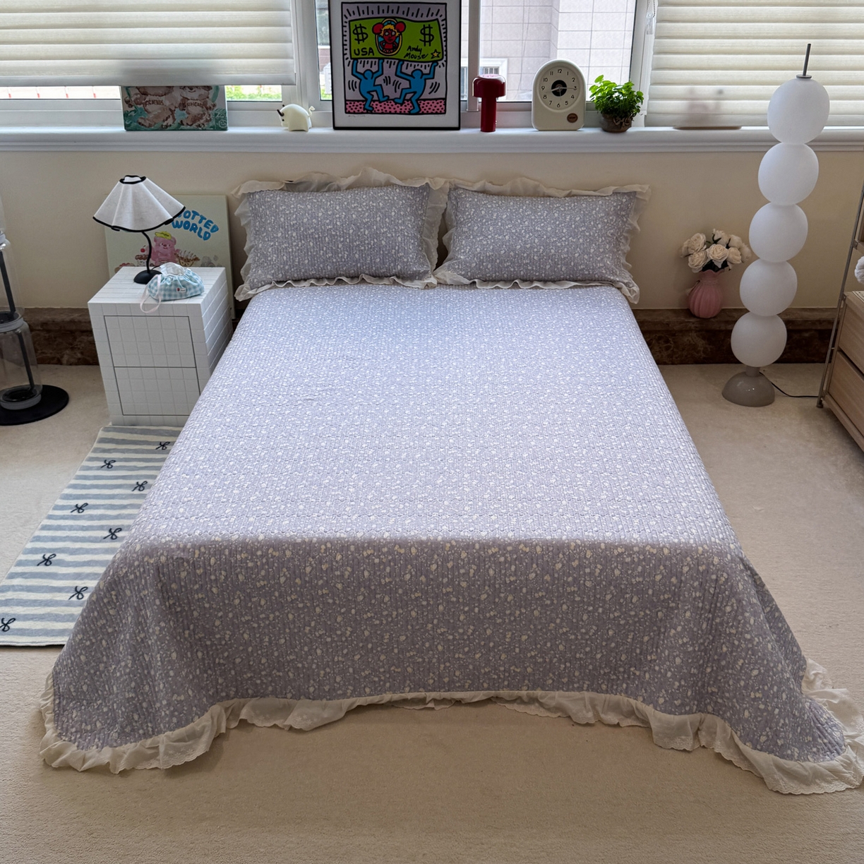 91家纺网 家纺一手货源 找家纺 一加一 2025新款全棉纯棉双层纱田园风单床盖床盖单件单品床盖 梦醒花间-灰