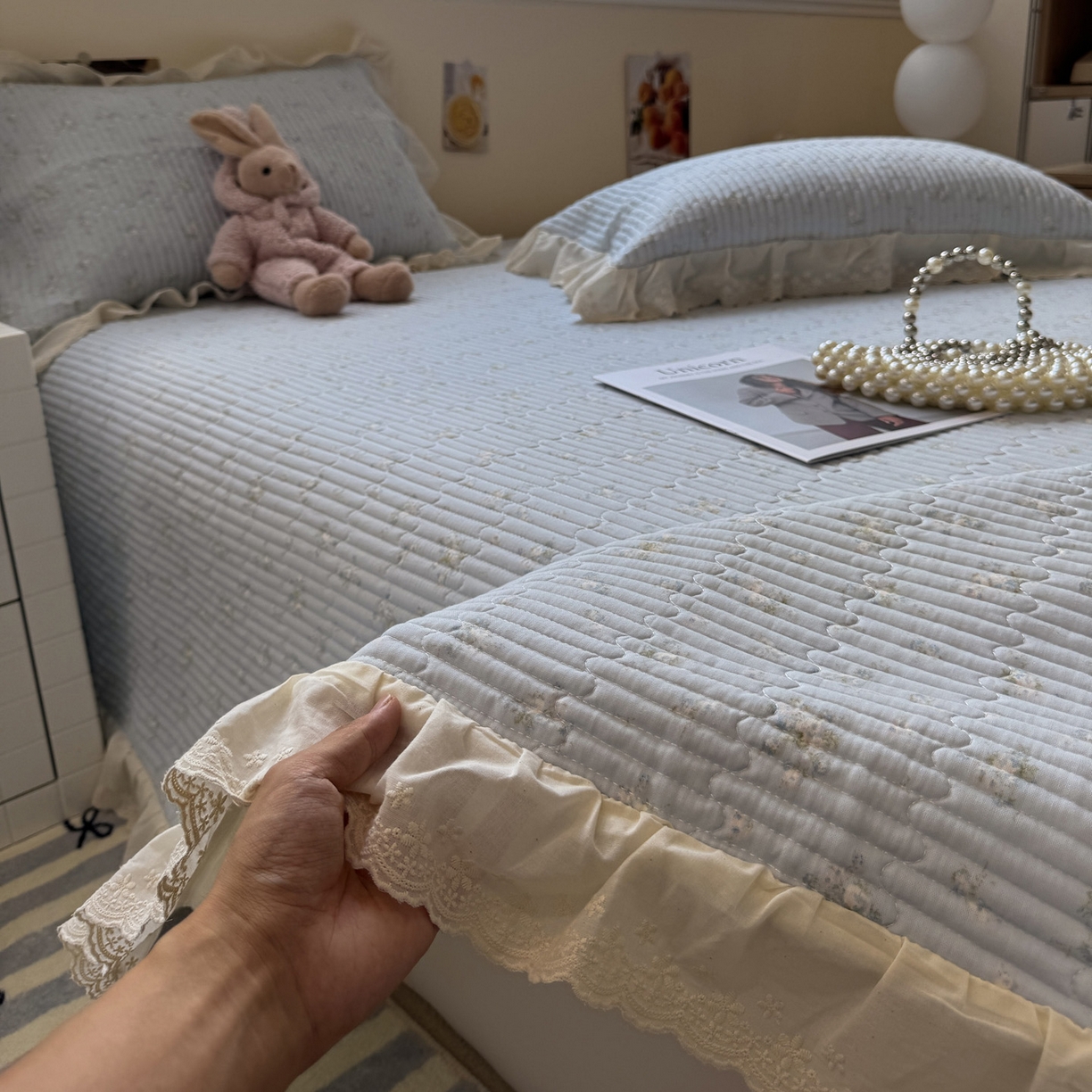 91家纺网 家纺一手货源 找家纺 一加一 2025新款全棉纯棉双层纱田园风单床盖床盖单件单品床盖 玲兰铛-兰