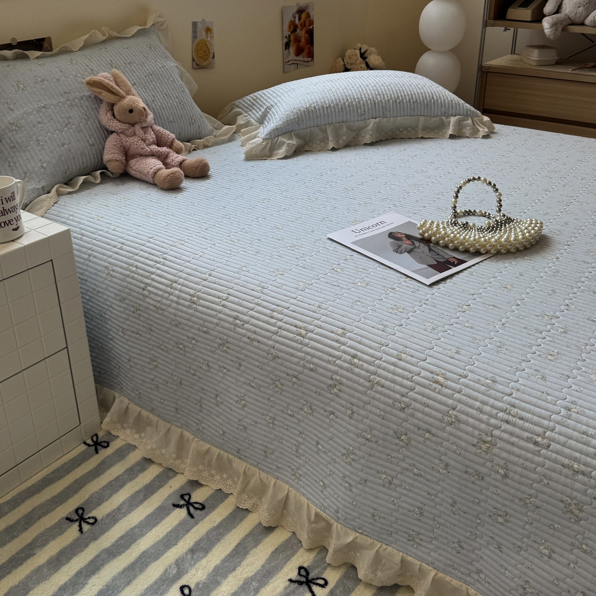 91家纺网 家纺一手货源 找家纺 一加一 2025新款全棉纯棉双层纱田园风单床盖床盖单件单品床盖 玲兰铛-兰