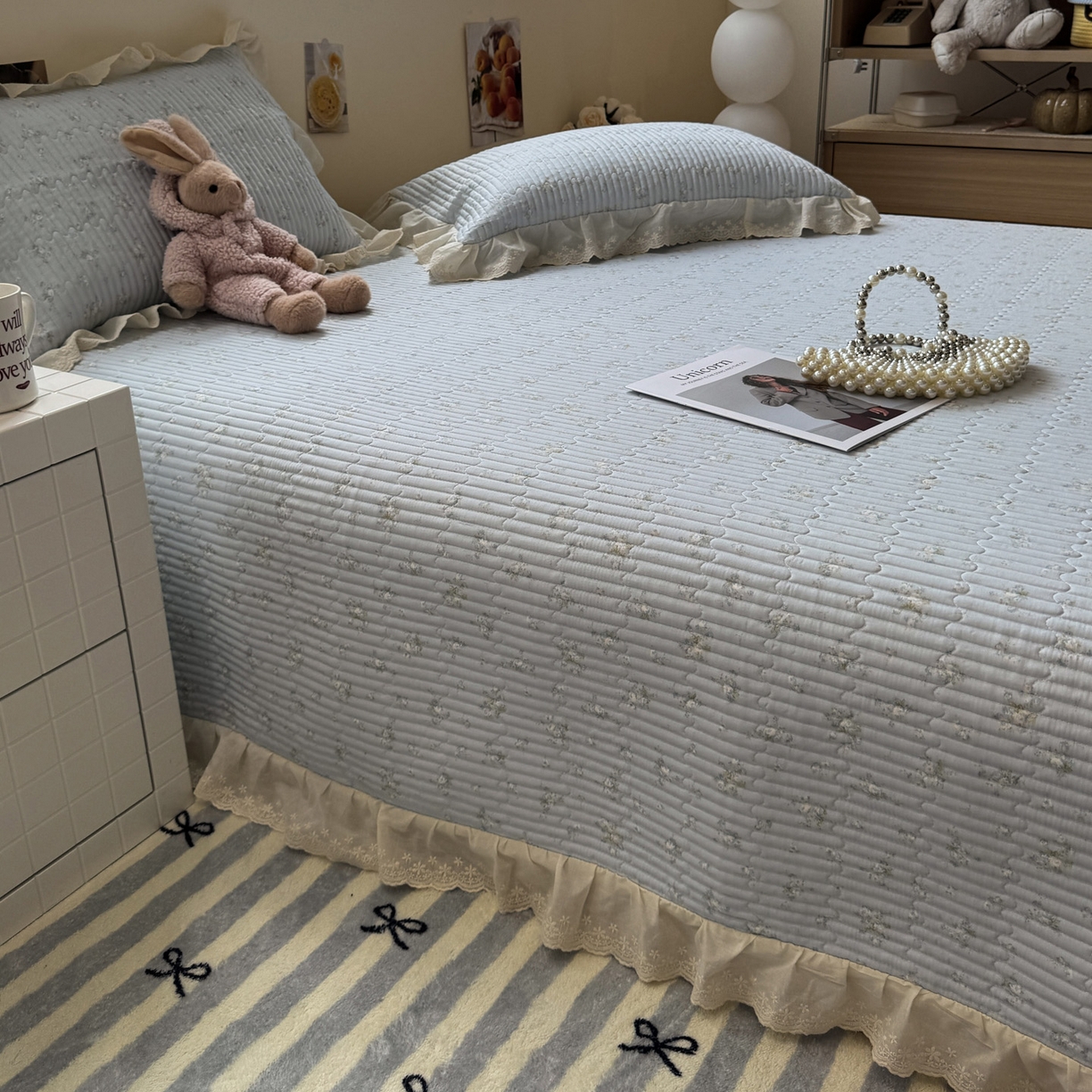 91家纺网 家纺一手货源 找家纺 一加一 2025新款全棉纯棉双层纱田园风单床盖床盖单件单品床盖 玲兰铛-兰