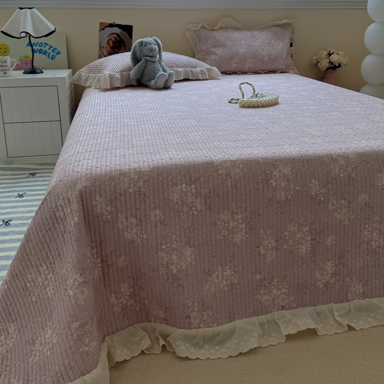 91家纺网 家纺一手货源 找家纺 一加一 2025新款全棉纯棉双层纱田园风单床盖床盖单件单品床盖 花蔓花影-粉