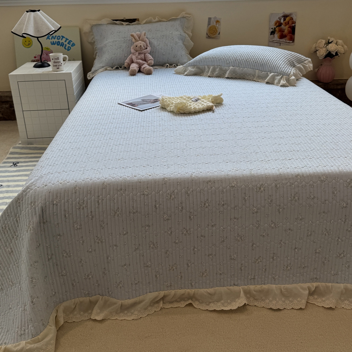 91家纺网 家纺一手货源 找家纺 一加一 2025新款全棉纯棉双层纱田园风单床盖床盖单件单品床盖 玲兰铛-兰