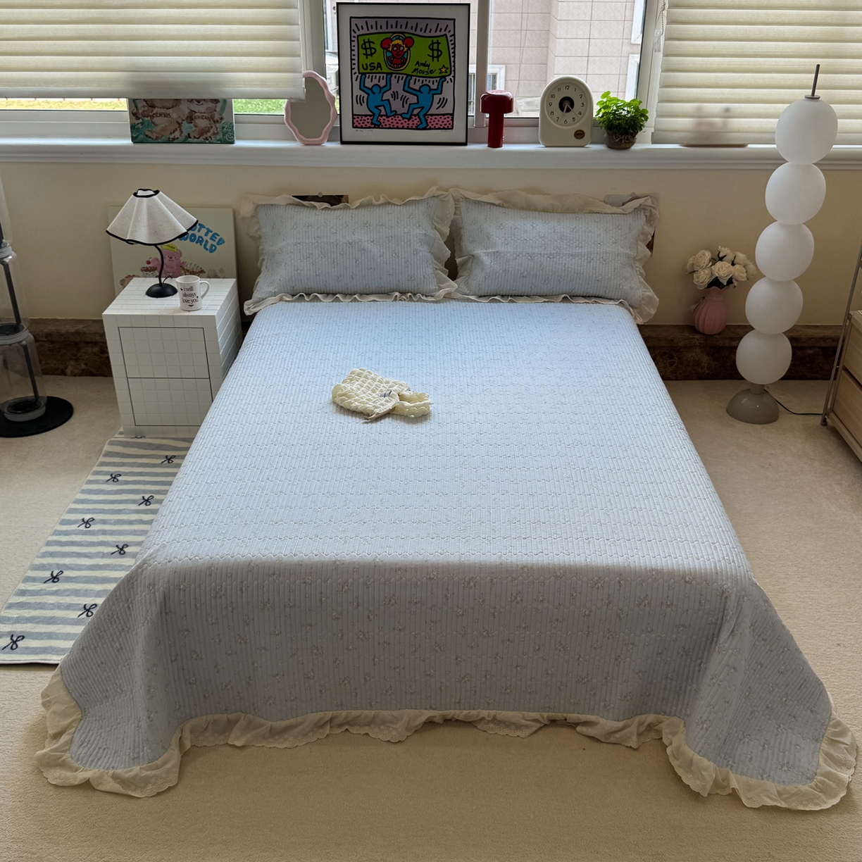 91家纺网 家纺一手货源 找家纺 一加一 2025新款全棉纯棉双层纱田园风单床盖床盖单件单品床盖 玲兰铛-兰