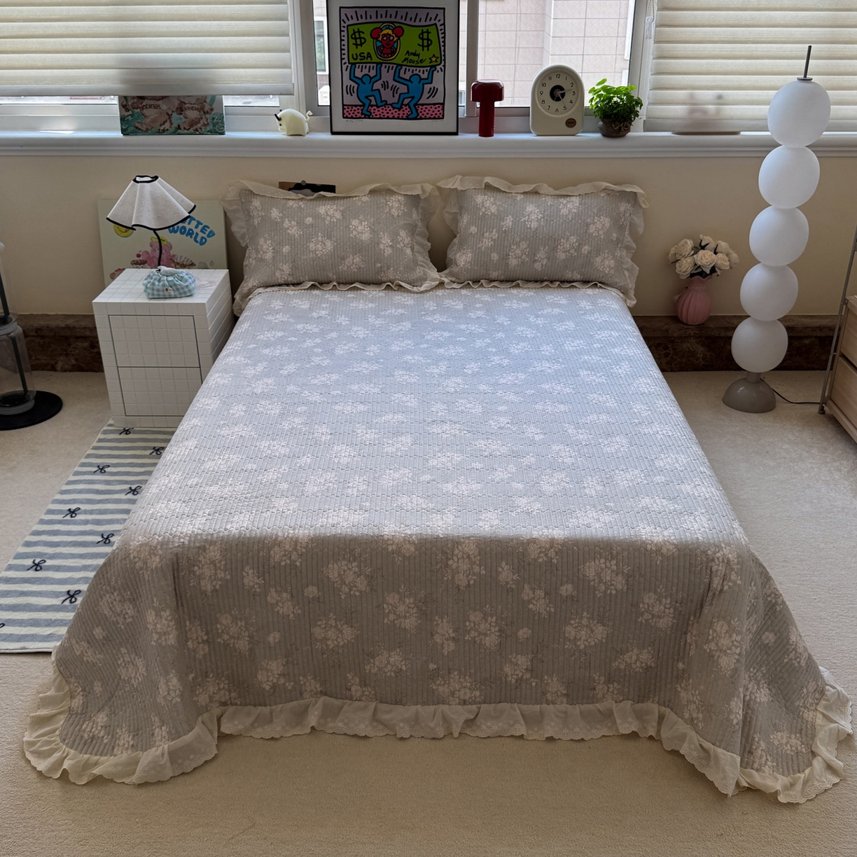 91家纺网 家纺一手货源 找家纺 一加一 2025新款全棉纯棉双层纱田园风单床盖床盖单件单品床盖 花蔓花影-灰