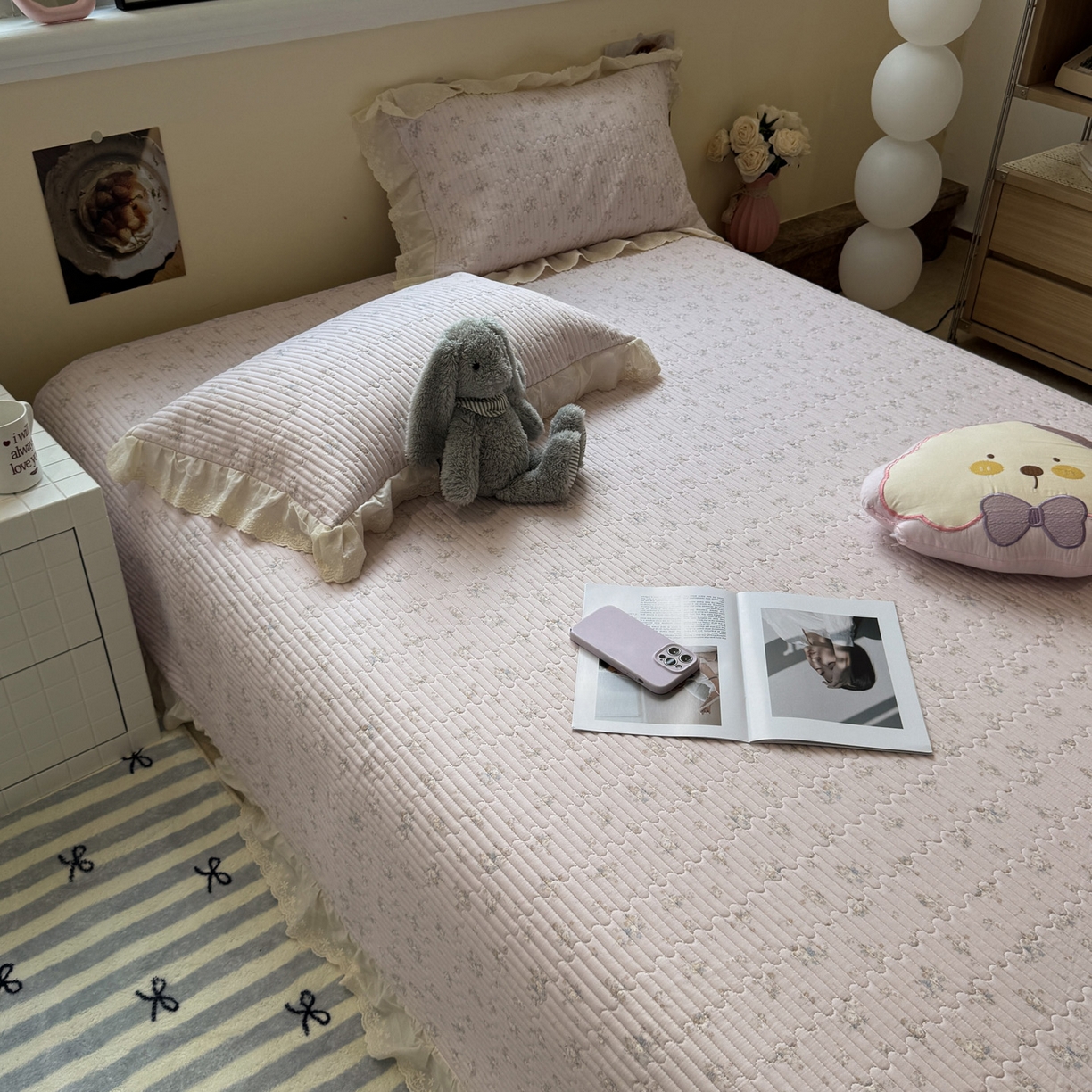 91家纺网 家纺一手货源 找家纺 一加一 2025新款全棉纯棉双层纱田园风单床盖床盖单件单品床盖 玲兰铛-粉