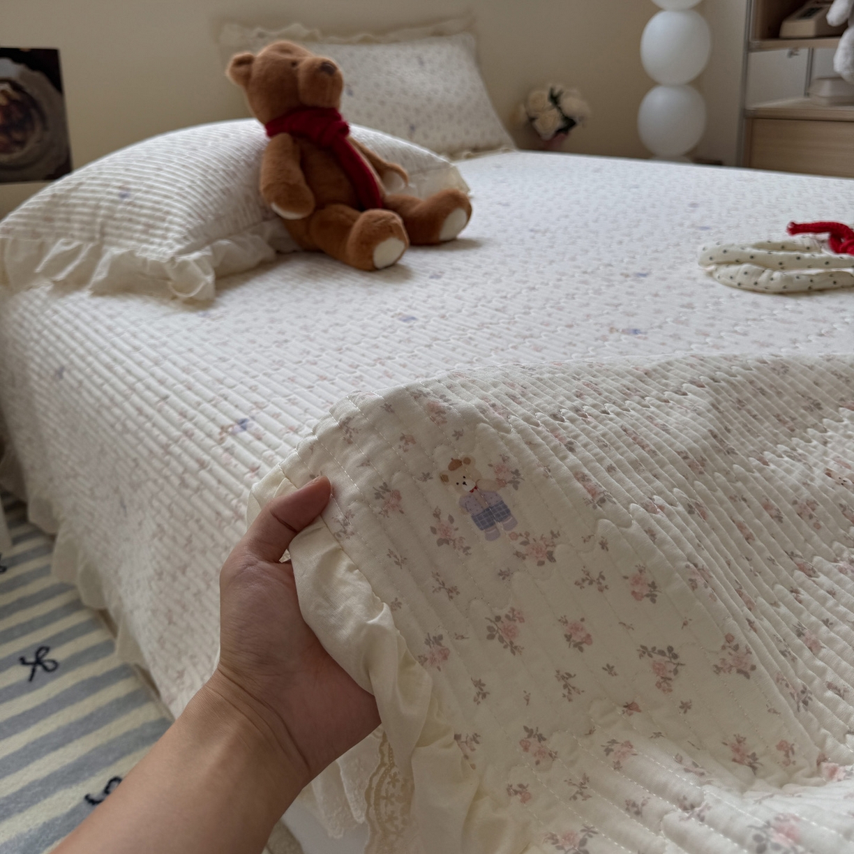 91家纺网 家纺一手货源 找家纺 一加一 2025新款全棉纯棉双层纱田园风单床盖床盖单件单品床盖 钥匙珊瑚