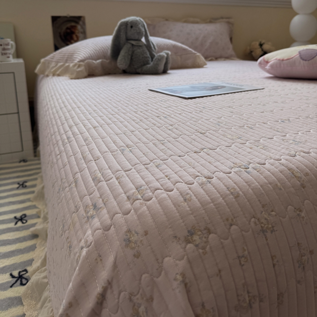 91家纺网 家纺一手货源 找家纺 一加一 2025新款全棉纯棉双层纱田园风单床盖床盖单件单品床盖 玲兰铛-粉