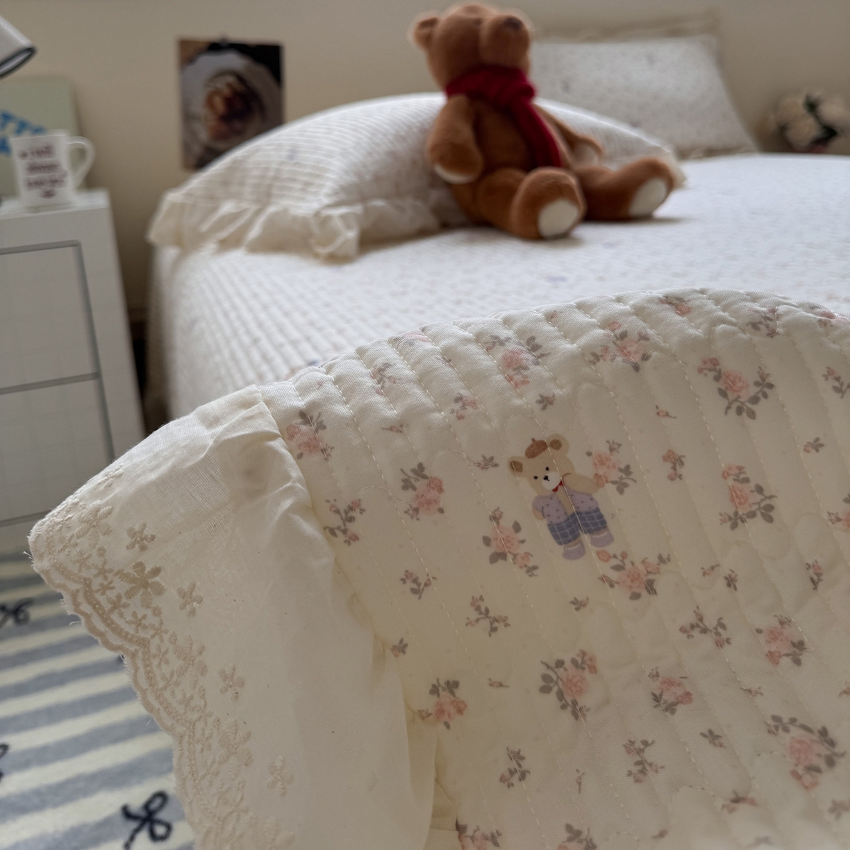 91家纺网 家纺一手货源 找家纺 一加一 2025新款全棉纯棉双层纱田园风单床盖床盖单件单品床盖 钥匙珊瑚