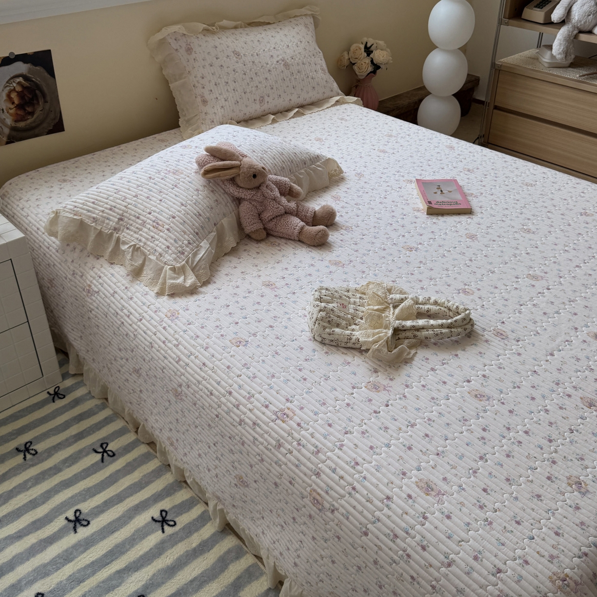 91家纺网 家纺一手货源 找家纺 一加一 2025新款全棉纯棉双层纱田园风单床盖床盖单件单品床盖 兰絮-粉