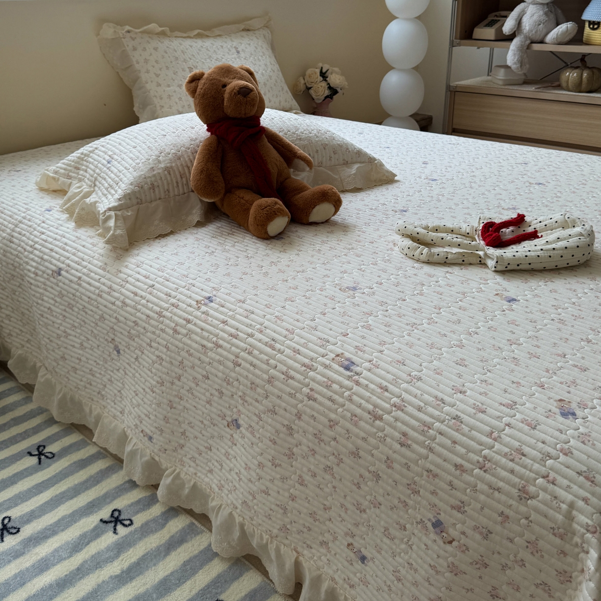 91家纺网 家纺一手货源 找家纺 一加一 2025新款全棉纯棉双层纱田园风单床盖床盖单件单品床盖 钥匙珊瑚