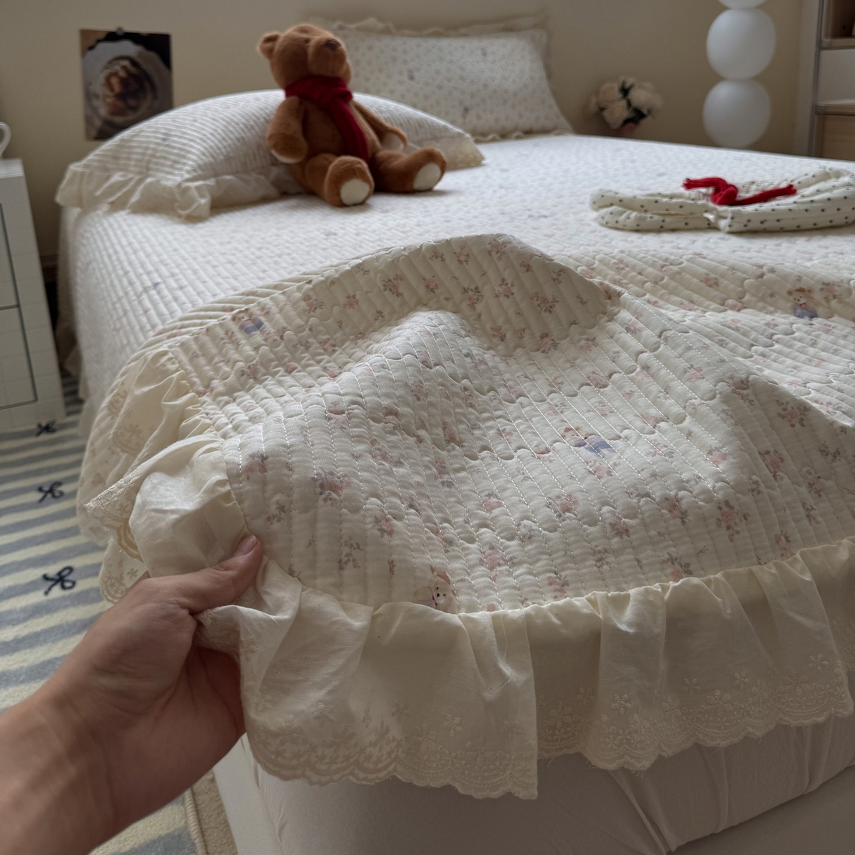 91家纺网 家纺一手货源 找家纺 一加一 2025新款全棉纯棉双层纱田园风单床盖床盖单件单品床盖 钥匙珊瑚