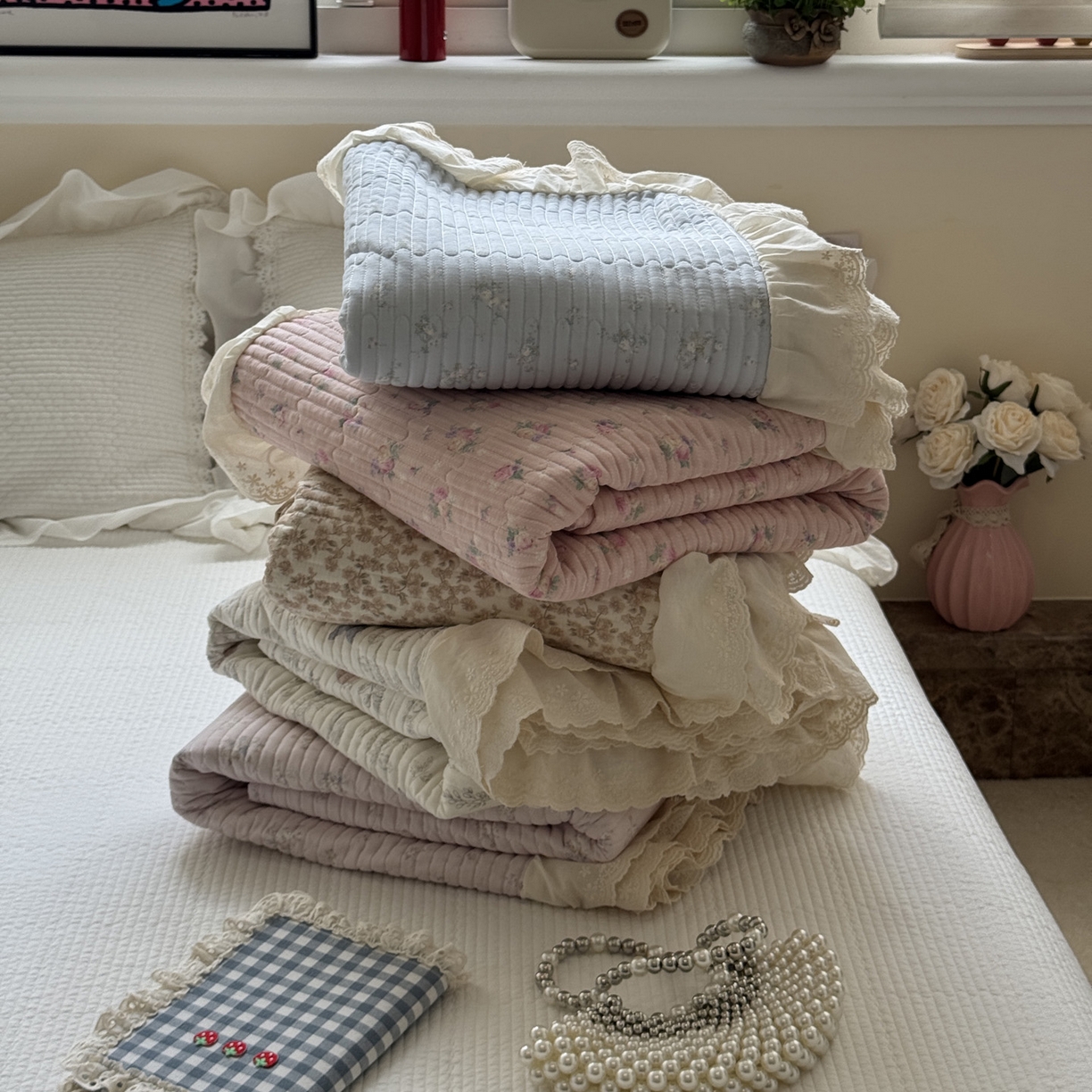 91家纺网 家纺一手货源 找家纺 一加一 2025新款全棉纯棉双层纱田园风单床盖床盖单件单品床盖 组合图仅供展示不可下单