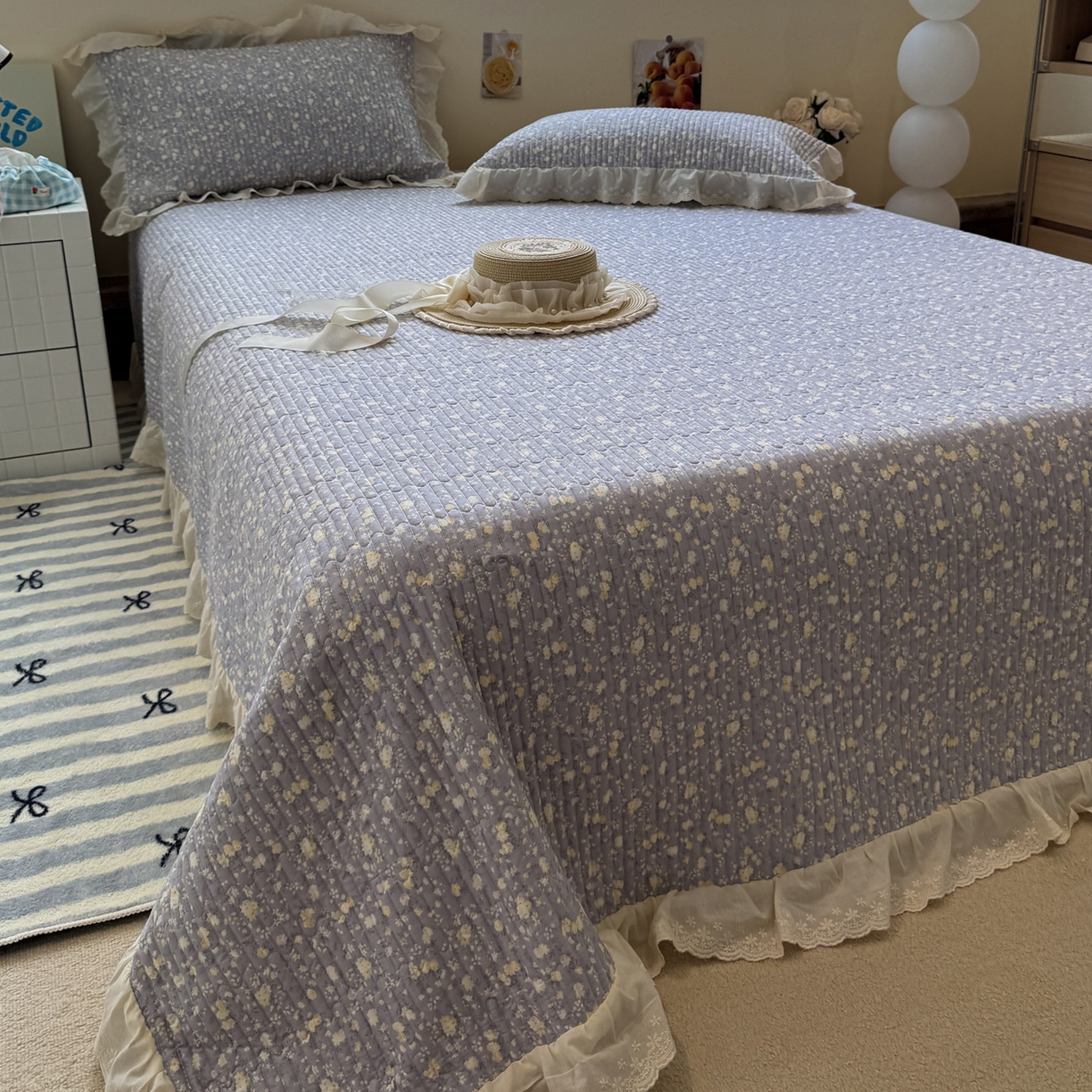 91家纺网 家纺一手货源 找家纺 一加一 2025新款全棉纯棉双层纱田园风单床盖床盖单件单品床盖 梦醒花间-灰