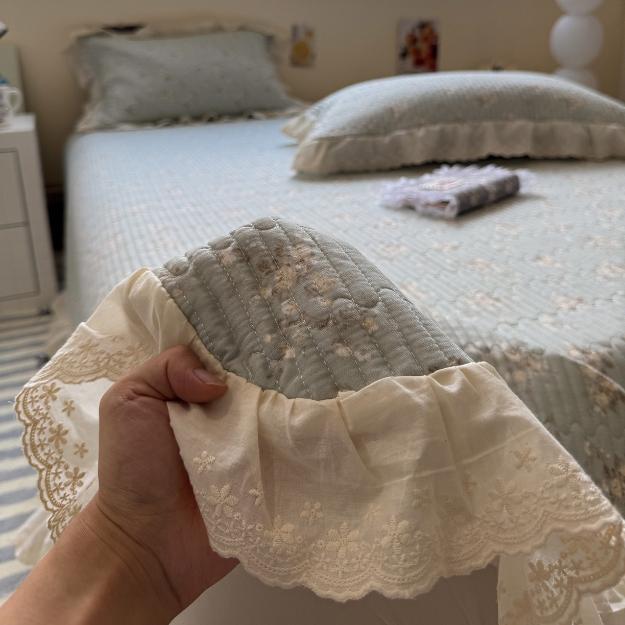 91家纺网 家纺一手货源 找家纺 一加一 2025新款全棉纯棉双层纱田园风单床盖床盖单件单品床盖 浮沉未央-绿