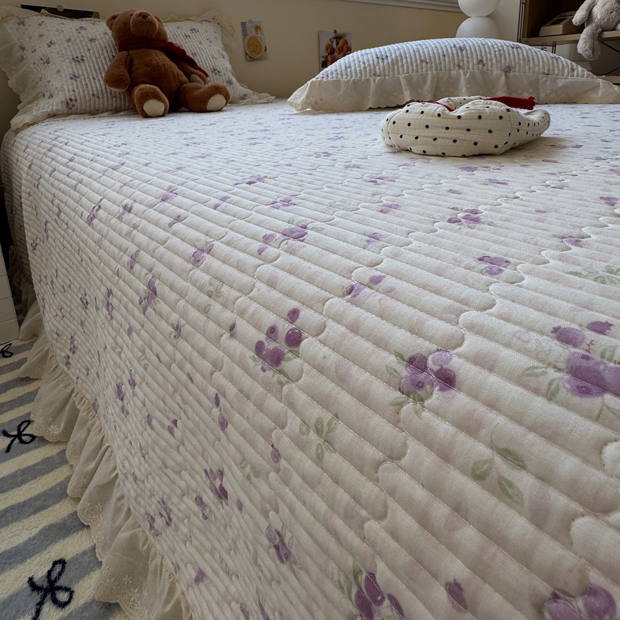 91家纺网 家纺一手货源 找家纺 一加一 2025新款全棉纯棉双层纱田园风单床盖床盖单件单品床盖 莓果雨