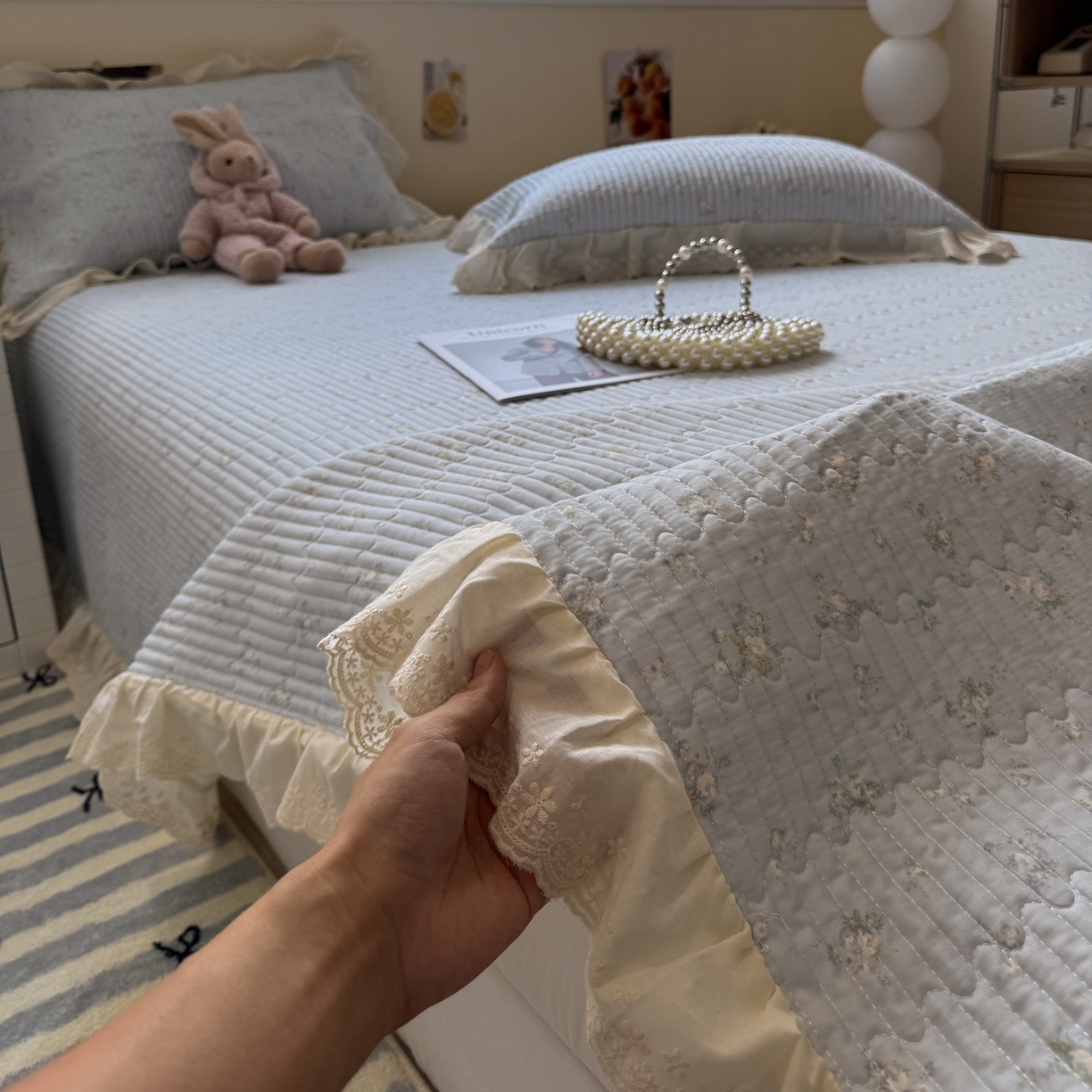 91家纺网 家纺一手货源 找家纺 一加一 2025新款全棉纯棉双层纱田园风单床盖床盖单件单品床盖 玲兰铛-兰