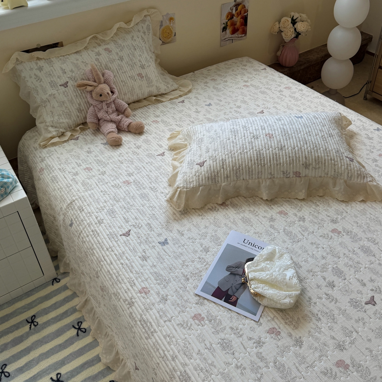 91家纺网 家纺一手货源 找家纺 一加一 2025新款全棉纯棉双层纱田园风单床盖床盖单件单品床盖 画棠春