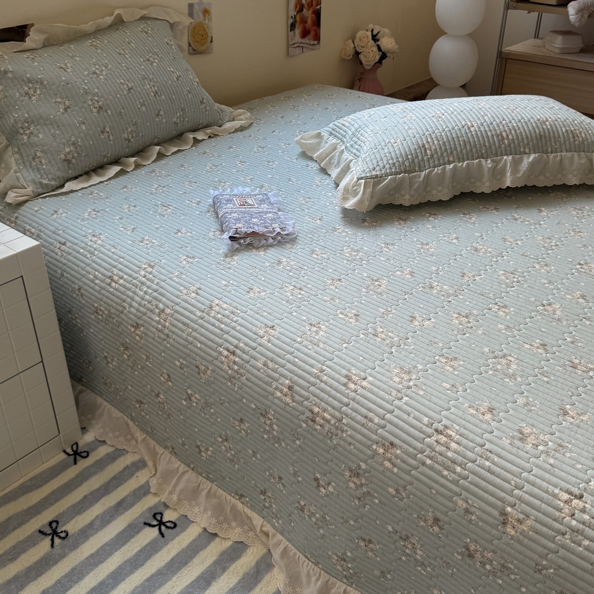 91家纺网 家纺一手货源 找家纺 一加一 2025新款全棉纯棉双层纱田园风单床盖床盖单件单品床盖 浮沉未央-绿