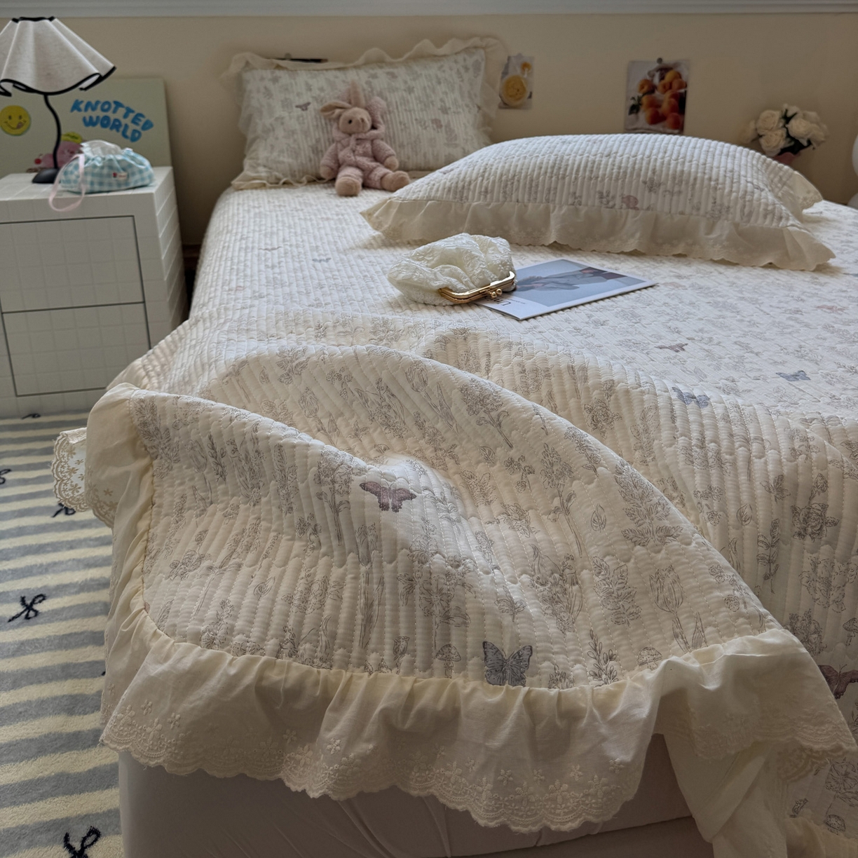 91家纺网 家纺一手货源 找家纺 一加一 2025新款全棉纯棉双层纱田园风单床盖床盖单件单品床盖 画棠春