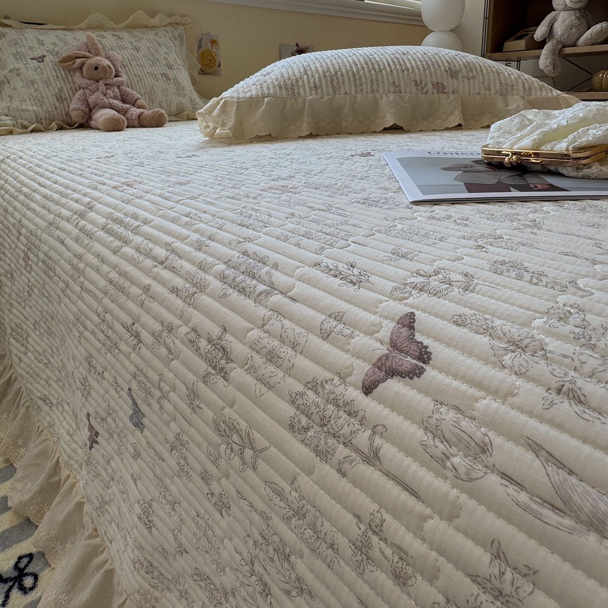 91家纺网 家纺一手货源 找家纺 一加一 2025新款全棉纯棉双层纱田园风单床盖床盖单件单品床盖 画棠春