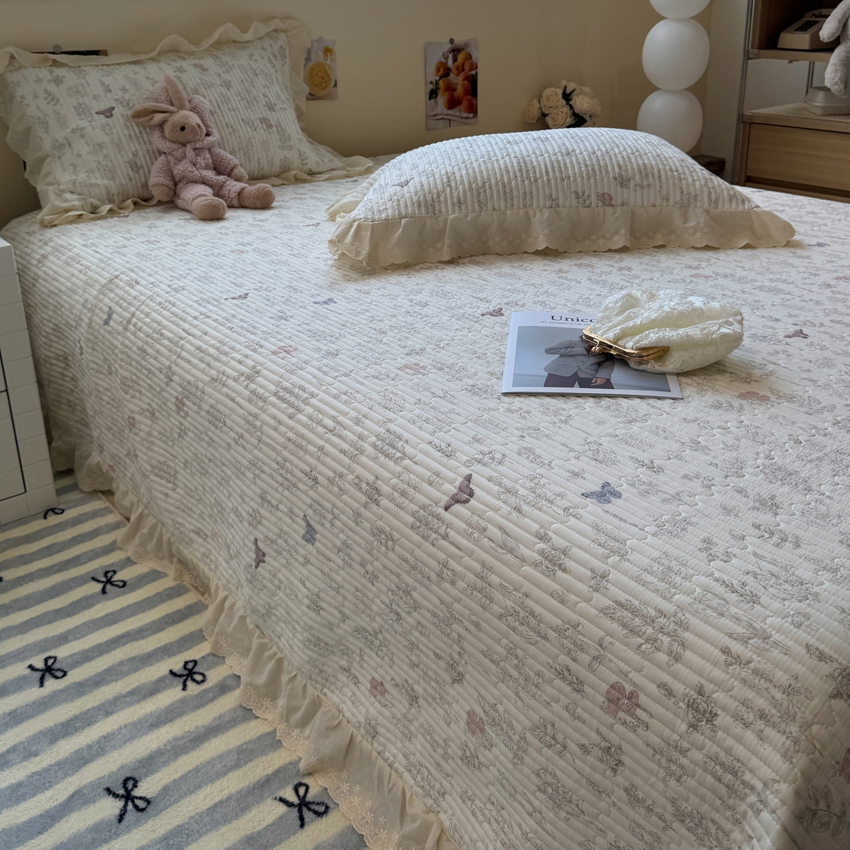 91家纺网 家纺一手货源 找家纺 一加一 2025新款全棉纯棉双层纱田园风单床盖床盖单件单品床盖 画棠春