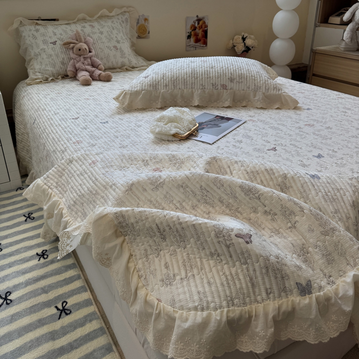 91家纺网 家纺一手货源 找家纺 一加一 2025新款全棉纯棉双层纱田园风单床盖床盖单件单品床盖 画棠春