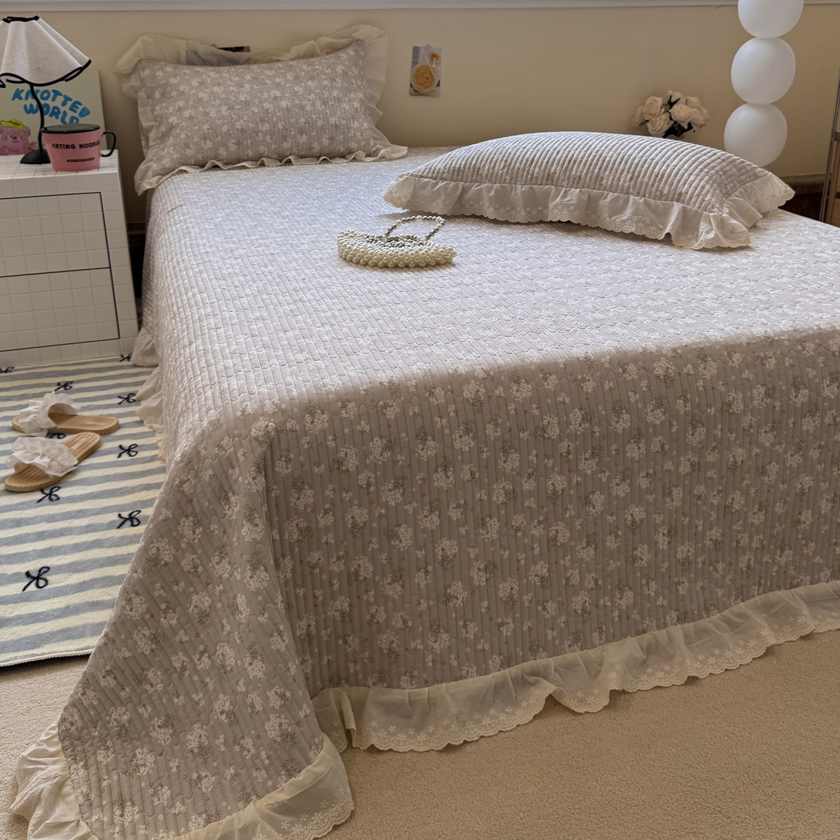 91家纺网 家纺一手货源 找家纺 一加一 2025新款全棉纯棉双层纱田园风单床盖床盖单件单品床盖 杏花小镇-驼