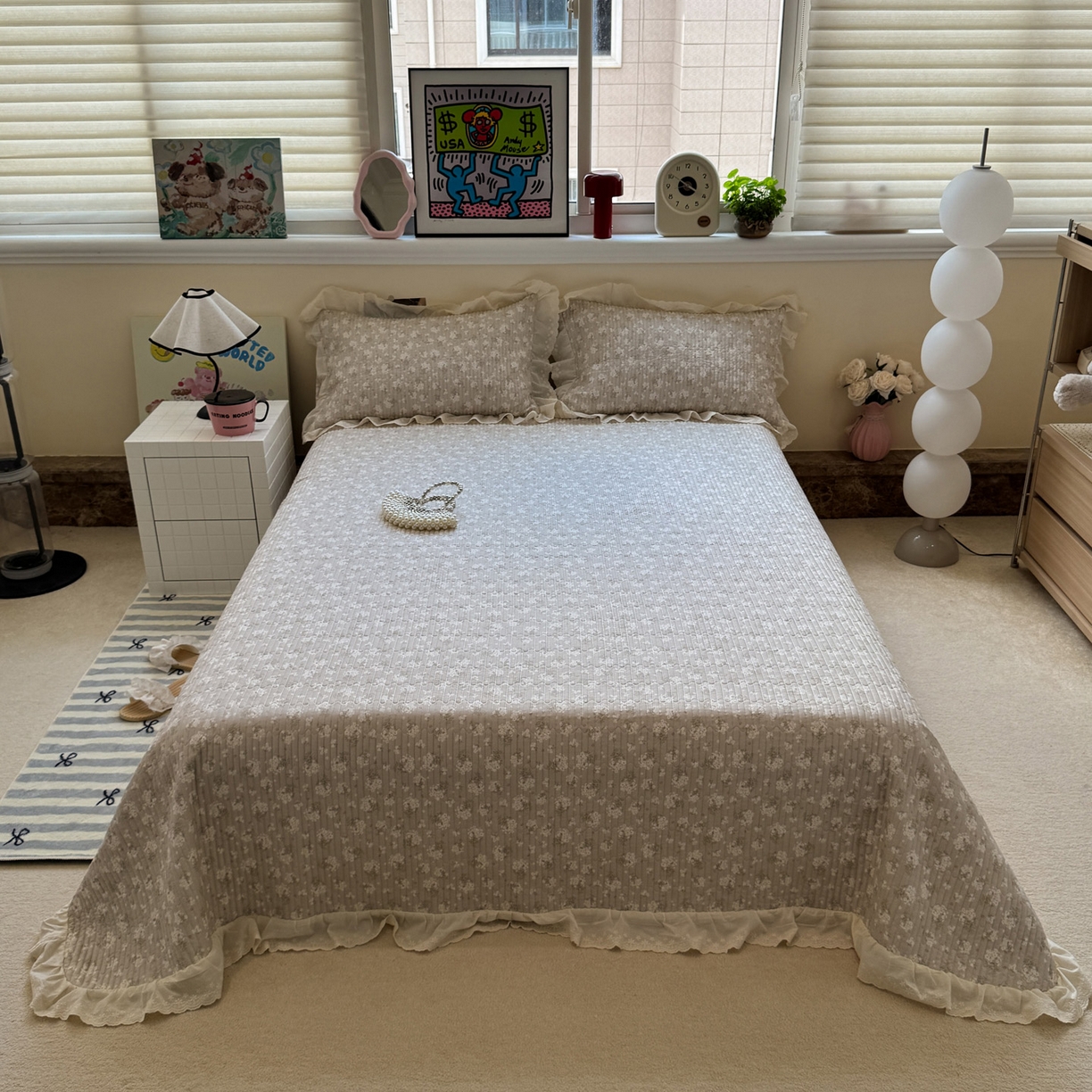 91家纺网 家纺一手货源 找家纺 一加一 2025新款全棉纯棉双层纱田园风单床盖床盖单件单品床盖 杏花小镇-驼