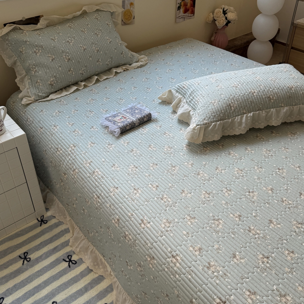 91家纺网 家纺一手货源 找家纺 一加一 2025新款全棉纯棉双层纱田园风单床盖床盖单件单品床盖 浮沉未央-绿