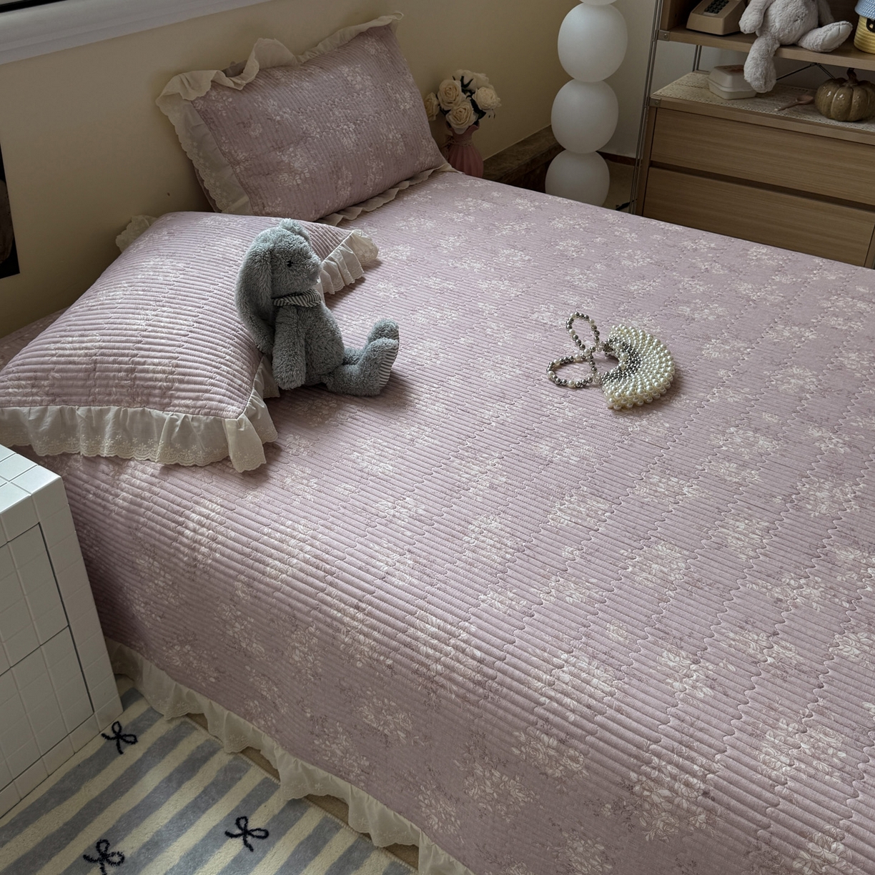 91家纺网 家纺一手货源 找家纺 一加一 2025新款全棉纯棉双层纱田园风单床盖床盖单件单品床盖 花蔓花影-粉