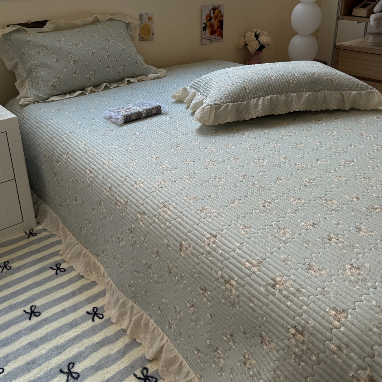 91家纺网 家纺一手货源 找家纺 一加一 2025新款全棉纯棉双层纱田园风单床盖床盖单件单品床盖 浮沉未央-绿