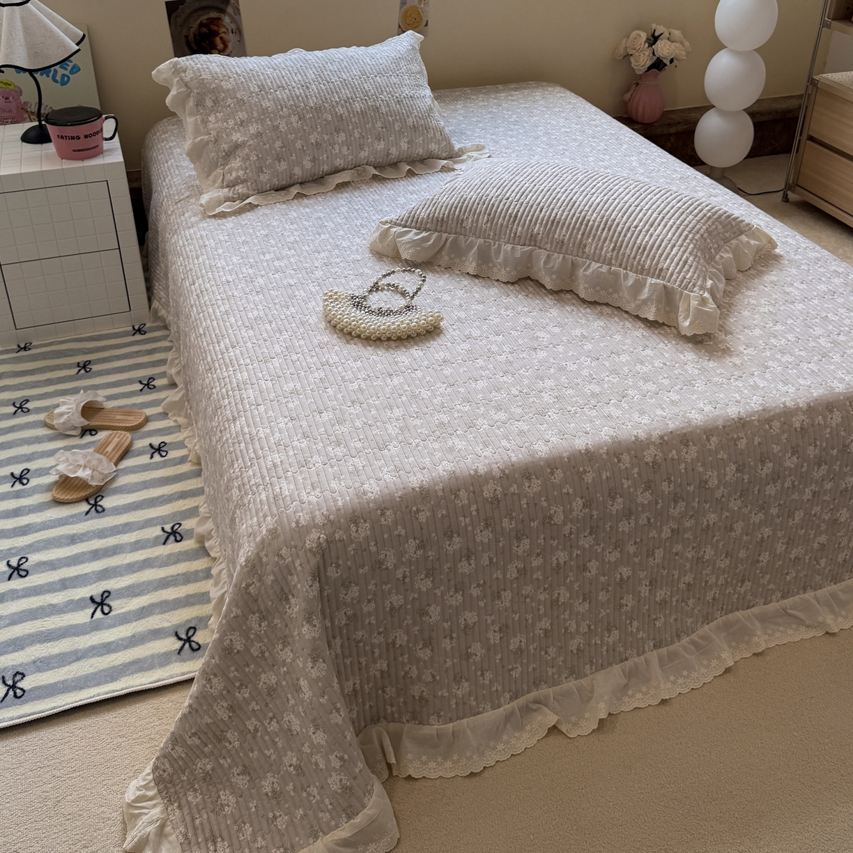 91家纺网 家纺一手货源 找家纺 一加一 2025新款全棉纯棉双层纱田园风单床盖床盖单件单品床盖 杏花小镇-驼