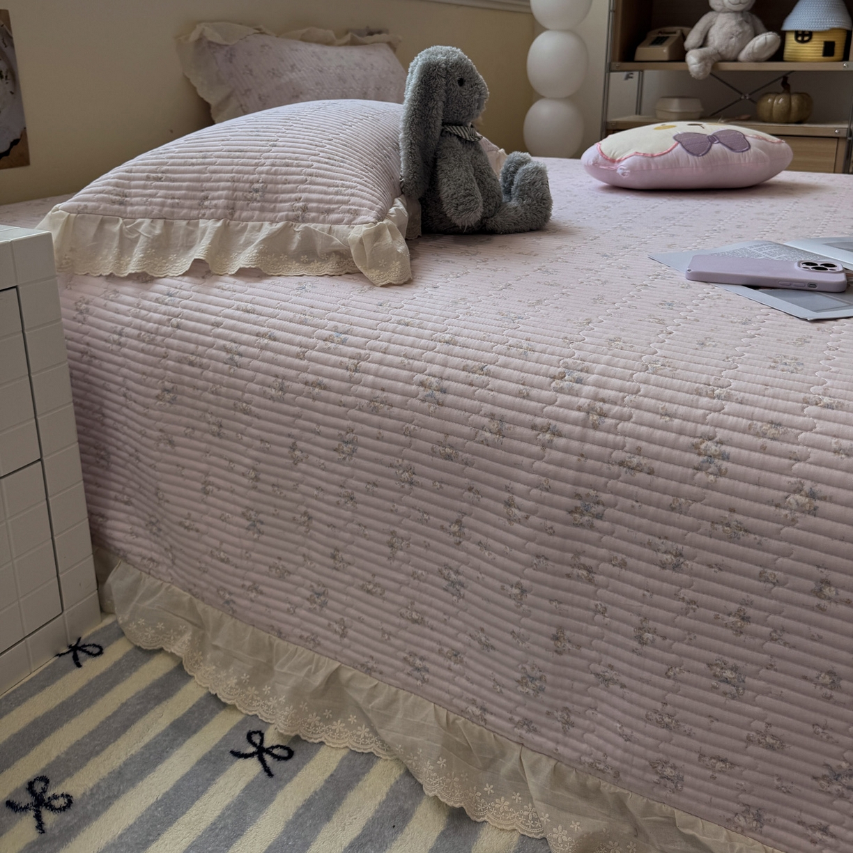 91家纺网 家纺一手货源 找家纺 一加一 2025新款全棉纯棉双层纱田园风单床盖床盖单件单品床盖 玲兰铛-粉