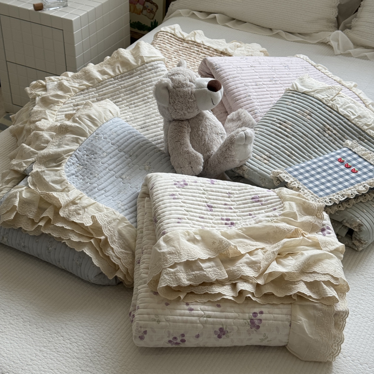 91家纺网 家纺一手货源 找家纺 一加一 2025新款全棉纯棉双层纱田园风单床盖床盖单件单品床盖 组合图仅供展示不可下单