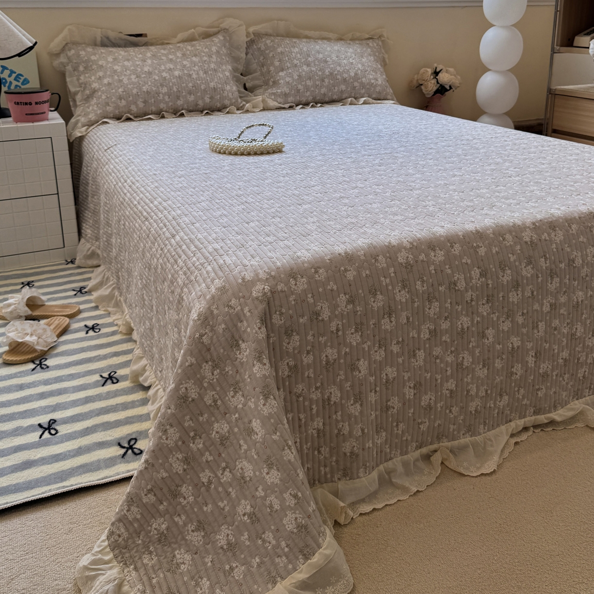 91家纺网 家纺一手货源 找家纺 一加一 2025新款全棉纯棉双层纱田园风单床盖床盖单件单品床盖 杏花小镇-驼