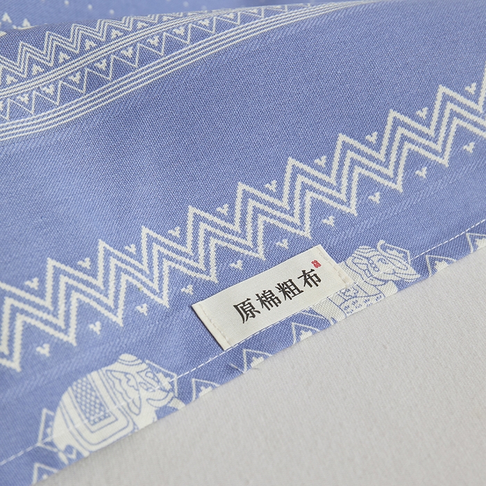 91家纺网 家纺一手货源 找家纺 青泽家纺 2025年新款老粗布床单原棉三枚缎卡老粗布凉席三件套亚麻棉麻床单枕套 蓝条小象
