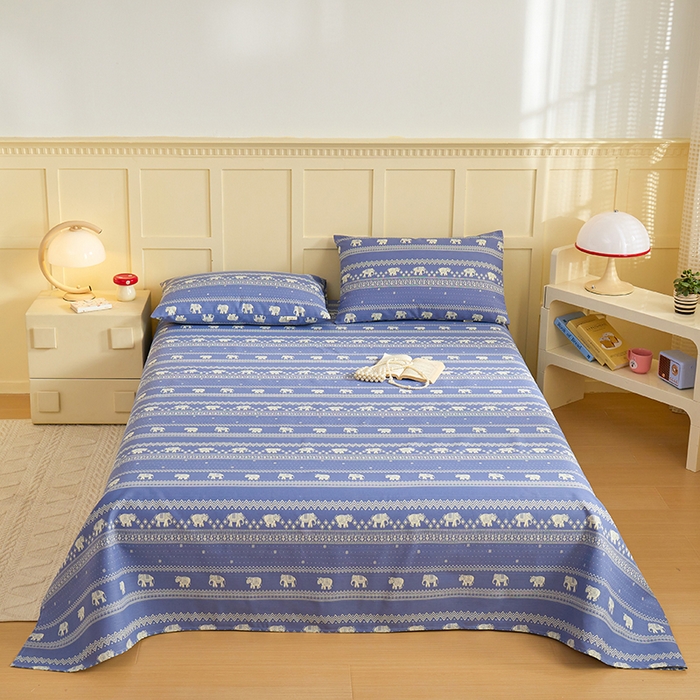 91家纺网 家纺一手货源 找家纺 青泽家纺 2025年新款老粗布床单原棉三枚缎卡老粗布凉席三件套亚麻棉麻床单枕套 蓝条小象