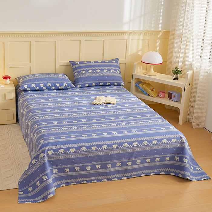 91家纺网 家纺一手货源 找家纺 青泽家纺 2025年新款老粗布床单原棉三枚缎卡老粗布凉席三件套亚麻棉麻床单枕套 蓝条小象