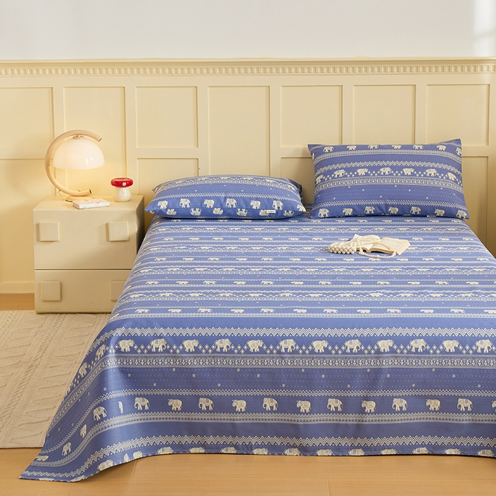 91家纺网 家纺一手货源 找家纺 青泽家纺 2025年新款老粗布床单原棉三枚缎卡老粗布凉席三件套亚麻棉麻床单枕套 蓝条小象