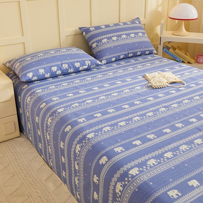 91家纺网 家纺一手货源 找家纺 青泽家纺 2025年新款老粗布床单原棉三枚缎卡老粗布凉席三件套亚麻棉麻床单枕套 蓝条小象