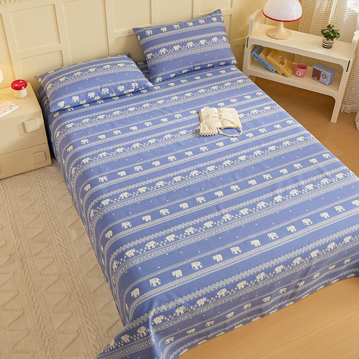 91家纺网 家纺一手货源 找家纺 青泽家纺 2025年新款老粗布床单原棉三枚缎卡老粗布凉席三件套亚麻棉麻床单枕套 蓝条小象